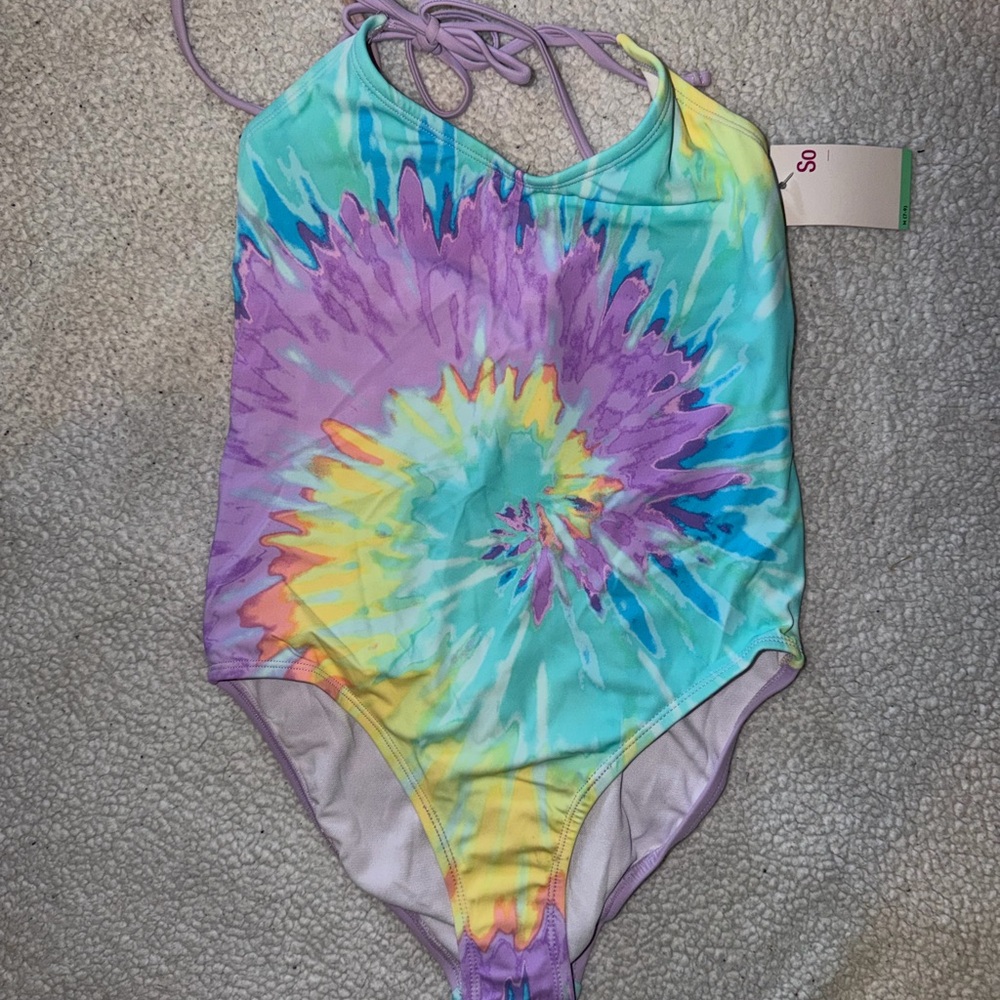 Women’s Tie-Dye One-Piece Swimsuit - Purple, Turquoise & Yellow